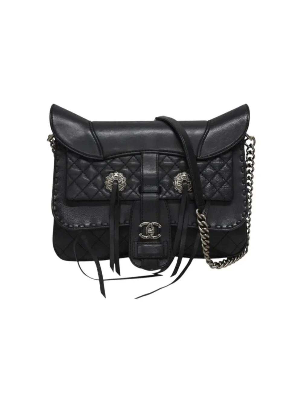 Chanel Paris Dallas Fringe Flap Saddle Bag Quilted Calfskin Black